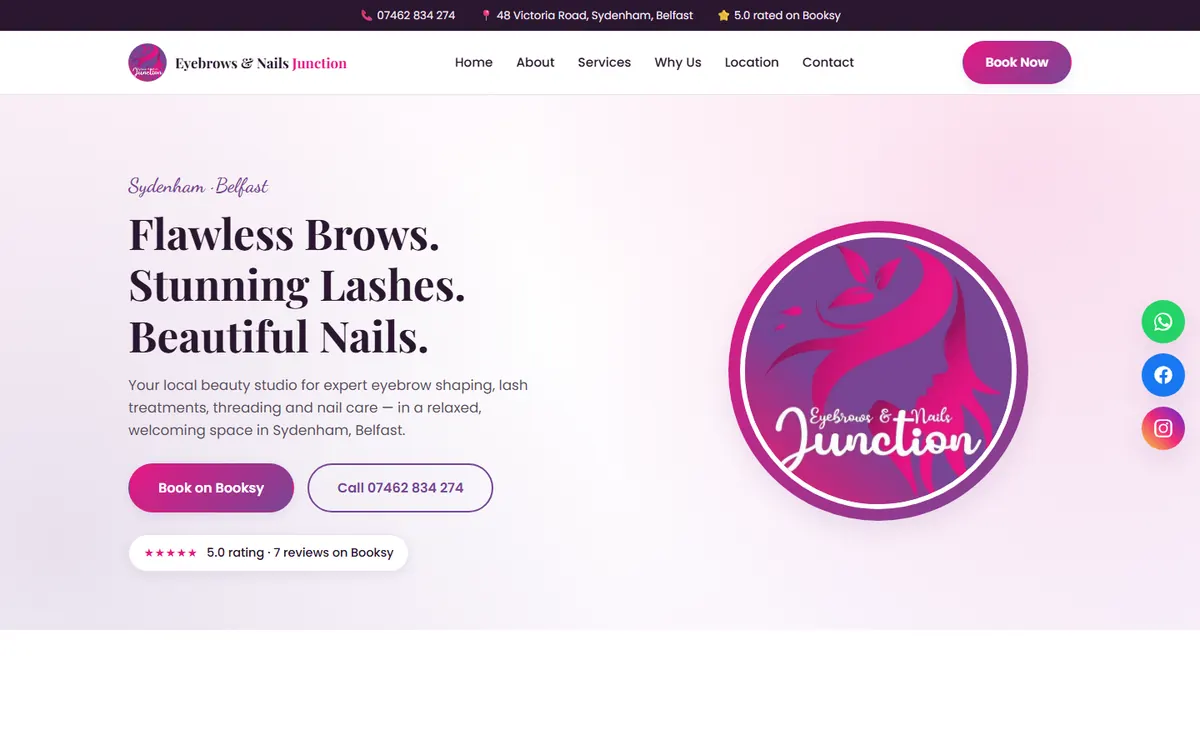 Eyebrows & Nails Junction website on a desktop screen