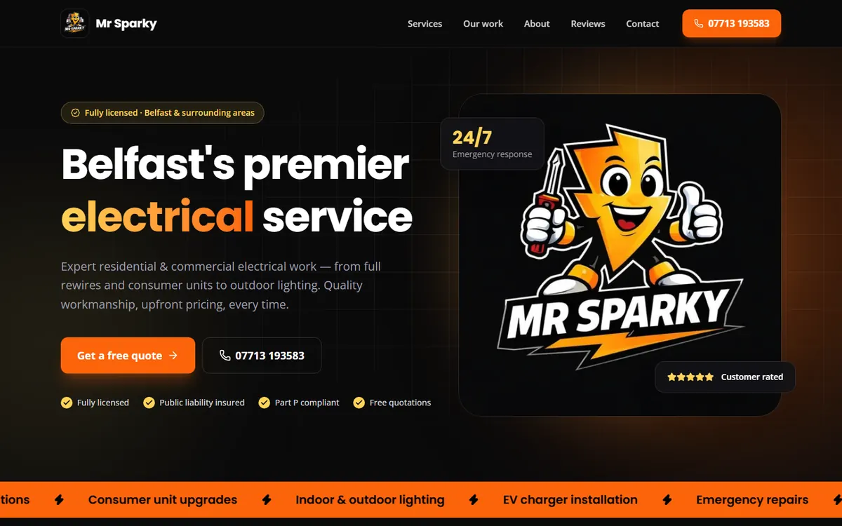Mr Sparky Electrical website on a desktop screen