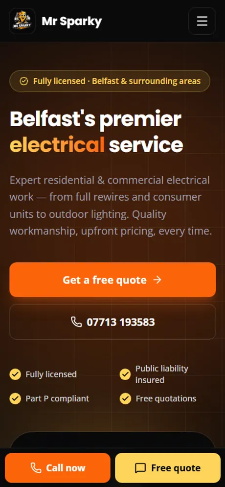 Mr Sparky Electrical website on a phone