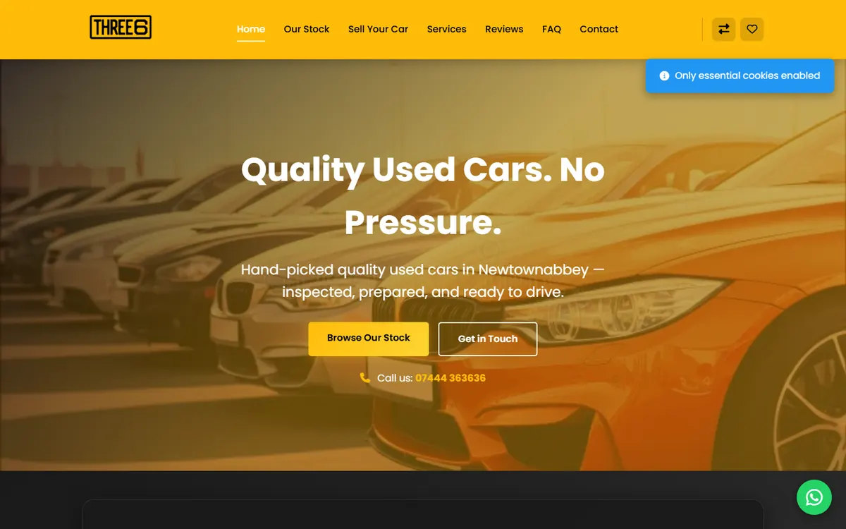 Three6 Car Sales website on a desktop screen