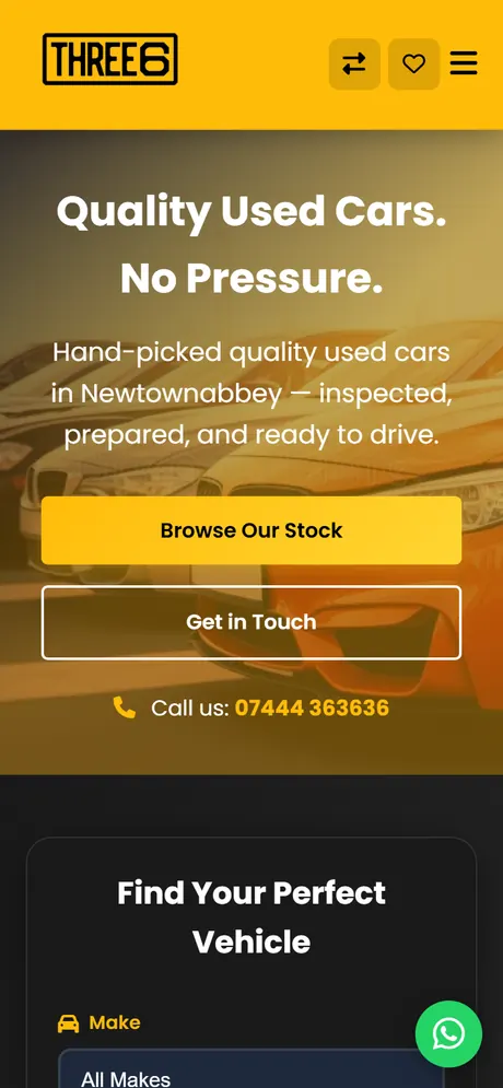 Three6 Car Sales website on a phone